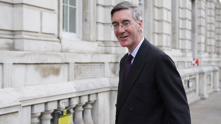 Minister for Brexit Opportunities and Government Efficiency in the Cabinet Office Jacob Rees-Mogg returns to the cabinet office in London, following the resignation of two senior cabinet ministers on Tuesday. Picture date: Wednesday July 6, 2022.
