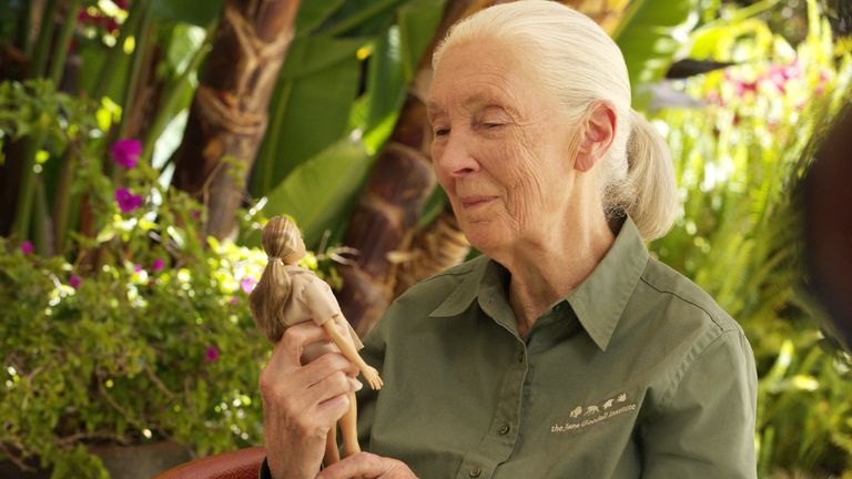 Undated handout photo issued by Mattel of Jane Goodall with the new Jane Goodall Barbie doll. Barbie, in partnership with the Jane Goodall Institute, is introducing a Dr. Jane Goodall doll, part of its Inspiring Women series. The Inspiring Women doll and career doll set are certified CarbonNeutral and made from recycled ocean-bound plastic and are available at mass retailers from Tuesday. Issue date: Tuesday July 12, 2022.