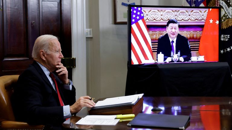 Joe Biden speaks virtually with Chinese leader Xi Jinping in November 2021 (file pic)