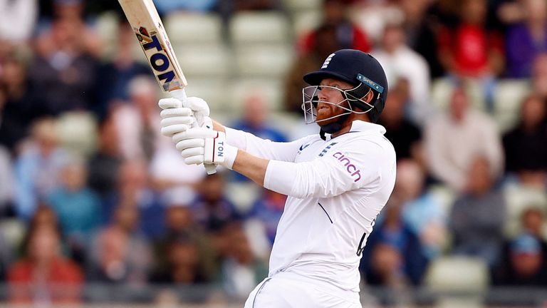 Cricket - Fifth Test - England v India - Edgbaston, Birmingham, Britain - July 4, 2022 England&#39;s Jonny Bairstow hits a six Action Images via Reuters/Jason Cairnduff
