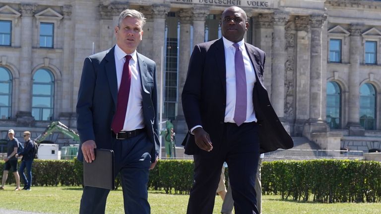 Labour leader Sir Keir Starmer (left) with shadow foreign secretary David Lammy at the Reichstag Building in Berlin, as part of their visit to Germany. Picture date: Thursday July 14, 2022.
