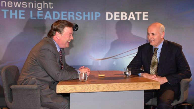 Kenneth Clarke (L) and Iain Duncan Smith go head-to-head in a televised leadership debate in 2001