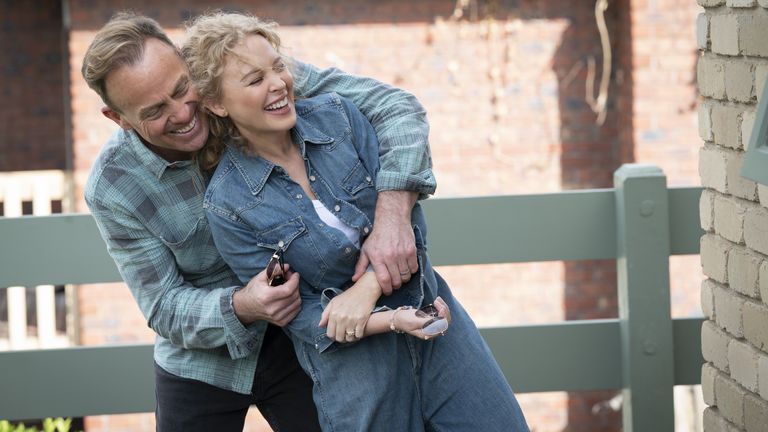 Undated handout photo issued by Channel 5 of Kylie Minogue and Jason Donovan reunited on the set of Australian soap opera Neighbours, reprising their roles as Charlene and Scott Robinson as the Australian soap comes to an end after 37 years on screen. Issue date: Monday July 11, 2022.

