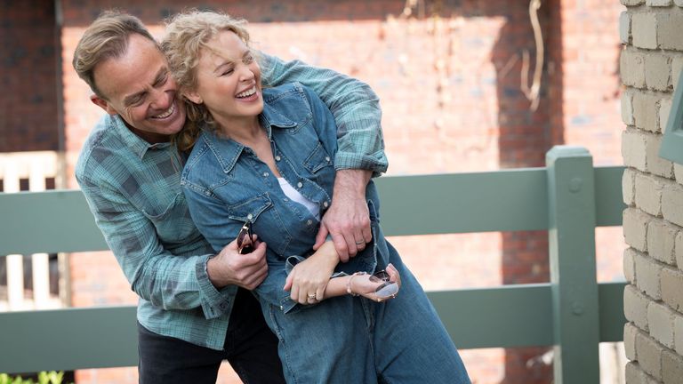 Kylie Minogue and Jason Donovan back together as Scott and Charlene for the final episodes of Neighbours. Pic: Fremantle