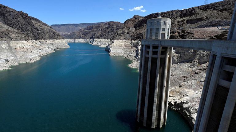A general view of a drought stricken Lake Mead near the Hoover dam, where an electrical transformer equipment caught fire and was later extinguished on the Arizona side of the dam, near Boulder City, Nevada, U.S. July 19, 2022. REUTERS/David Becker
