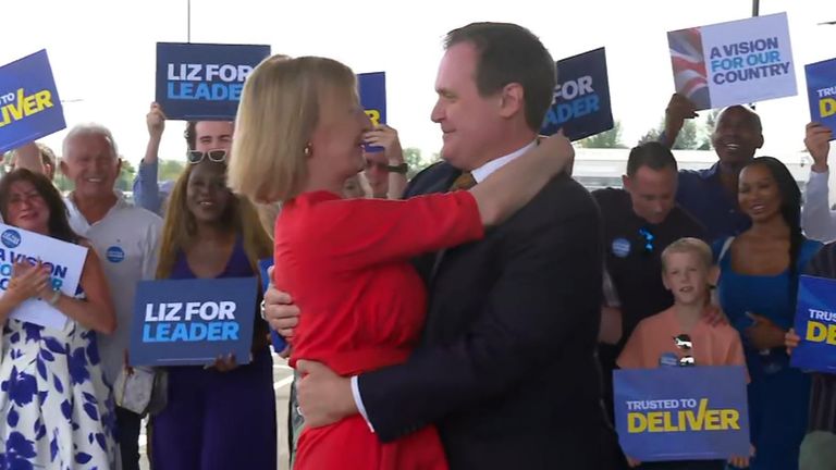 Once leadership rival, now leadership ally, Tom Tugendhat and Liz Truss embrace after his leadership endorsement, a huge blow to Rishi Sunak.