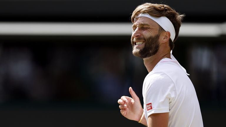 Liam Broady reacts during his Gentlemen&#39;s Singles third round match against Alex de Minaur during day six of the 2022 Wimbledon Championships at the All England Lawn Tennis and Croquet Club, Wimbledon. Picture date: Saturday July 2, 2022.
