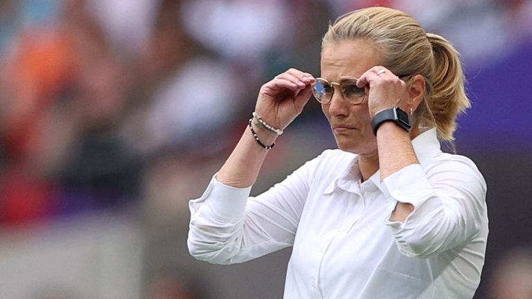 England's coach Sarina Wiegman watches on  