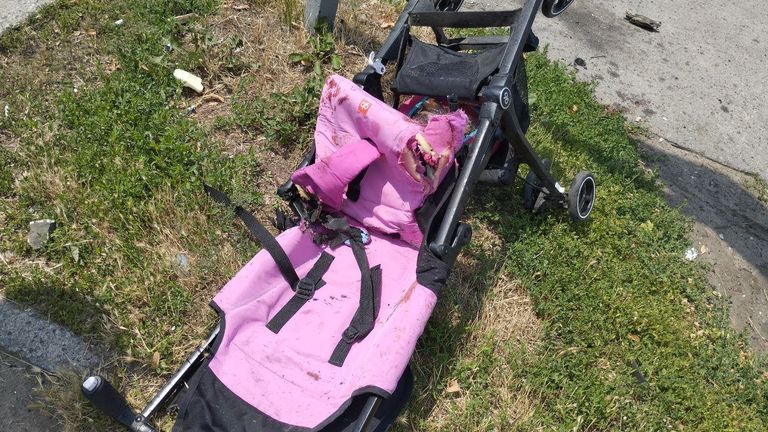 The damaged pram moments after the Russian attack (Photo: State Emergency Service)