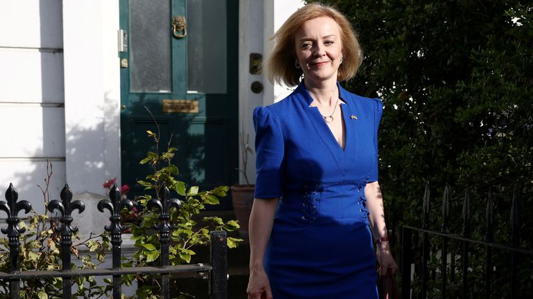 British Foreign Secretary and Conservative leadership candidate Liz Truss leaves her home in London 