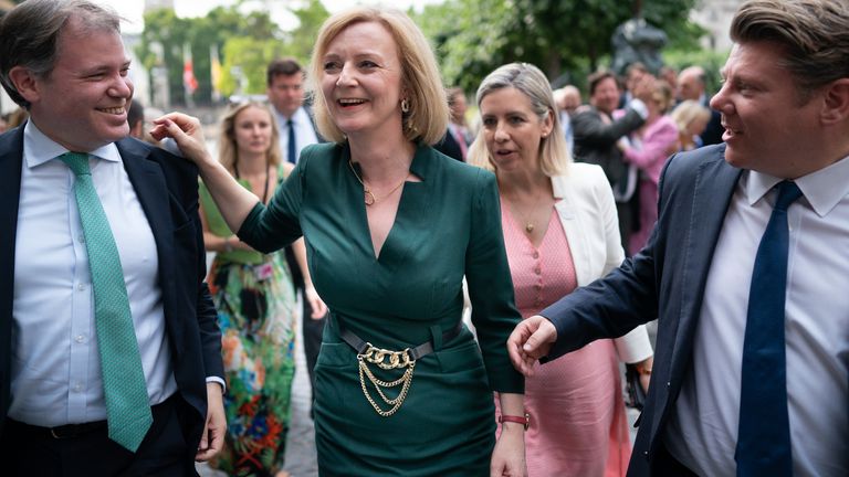 Foreign Secretary and Tory leadership candidate, Liz Truss celebrates with her supporters in the Houses of Parliament after making it along with Rishsi Sunak to the final two candidates to be Prime minister, London. Picture date: Wednesday July 20, 2022.
