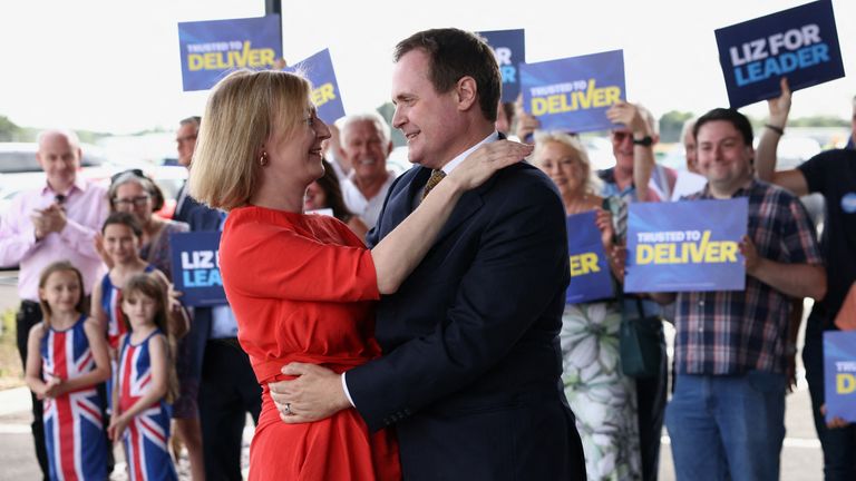 Liz Truss and Tom Tugendhat in a warm embrace at Biggin Hill Airport