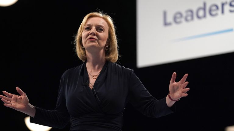 Conservative leadership candidate Liz Truss speaking at a hustings event at the Pavilion conference centre at Elland Road in Leeds. Picture date: Thursday July 28, 2022.

