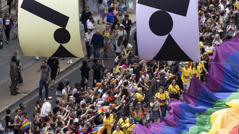 General views of this year&#39;s Pride in London parade, featuring Intersex-Inclusive Pride flags, designed by Valentino Vecchietti hanging above Regent Street. Picture date: Saturday June 2, 2022.