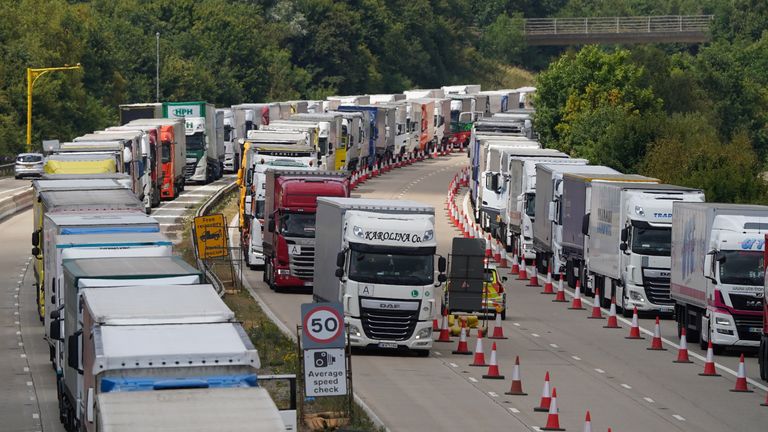 Operation Brock lorry queues on the M20 near Ashford, Kent