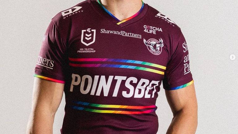 The shirt has rainbow stripes and a rainbow collar. Pic: Manly Warringah Sea Eagles/Instagram 
