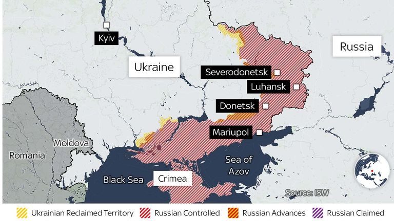 Map of eastern Ukraine. Day 131 of war