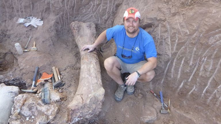 Paleontologist Peter Makovicky is seen at the excavation site in Argentina&#39;s northern Patagonia region where fossils of the Cretaceous Period meat-eating dinosaur Meraxes gigas, including a nearly complete skull, were unearthed, in an undated handout photo. Meraxes, which lived about 90 million years ago, is estimated at about 36-39 feet (11-12 meters) long and about 9,000 pounds (4 metric tons). 