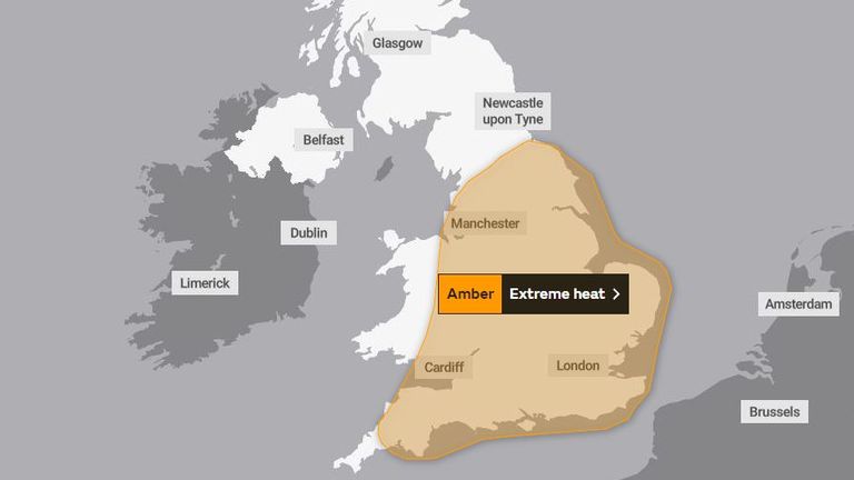 Amber alert warning currently covers all of England and will extend to southern Scotland and Wales from Monday. Pic: Met Office