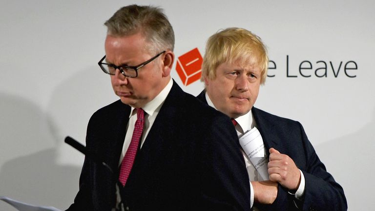 Britain&#39;s Justice Secretary Michael Gove (L) prepares to speak after Vote Leave campaign leader Boris Johnson, at the group&#39;s headquarters in London, Britain June 24, 2016. REUTERS/Mary Turner/Pool
