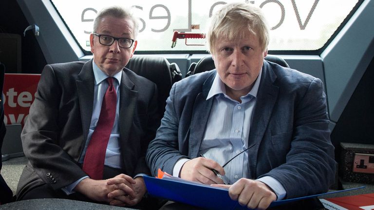 Michael Gove and Boris Johnson (right) on the Vote Leave campaign bus in Lancashire, as part of the Vote Leave EU referendum campaign.