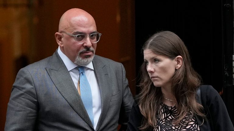 Nadhim Zahawi, Britain...s Secretary of State for Education, left, with Michelle Donelan, Minister of State for Education, leave 10 Downing Street after a Cabinet meeting in 2021
Pic:AP