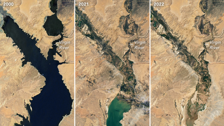 Lake Mead is the largest water reservoir in the US - and the water is disappearing. Pic: NASA