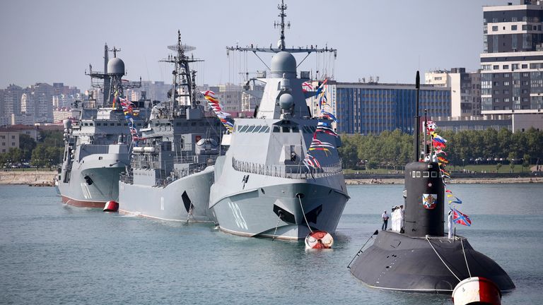 Warships float during the Navy Day celebration in Novorossiysk. Pic: AP