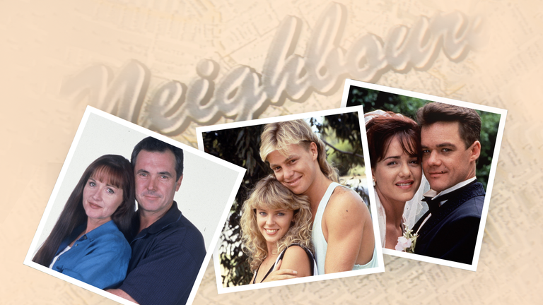 L-R: Jackie Woodburne (Susan), Alan Fletcher (Karl), Kylie Minogue (Charlene), Jason Donovan (Scott), Stefan Dennis (Paul), Gayle Blakeney (Christina). Pics: Fremantle