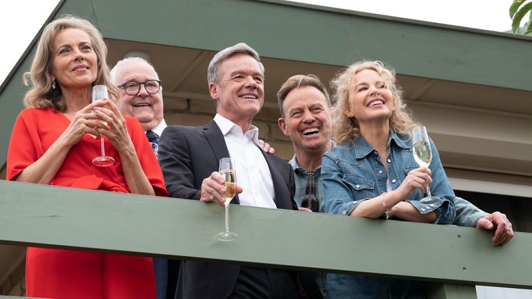 L-R: Annie Jones, Ian Smith, Stefan Dennis, Jason Donovan and Kylie Minogue in the final episode of Neighbours. Pic: Fremantle/Channel 5