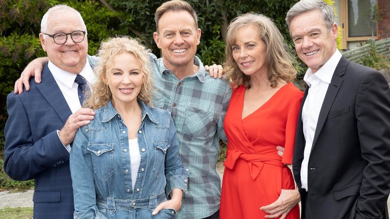 Ian Smith, Kylie Minogue, Jason Donovan, Annie Jones and Stefan Dennis. Pic: Fremantle/Channel 5