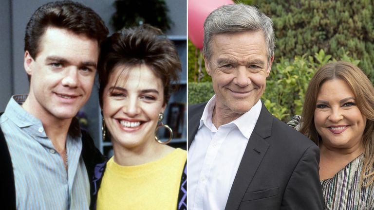 For editorial use only.  There is no book publishing.  Required Credit: Photo by Fremantle Media/Shutterstock (855114fk). 'Neighbours'. Stefan Dennis and Fiona Cork. Grandi TV Archive