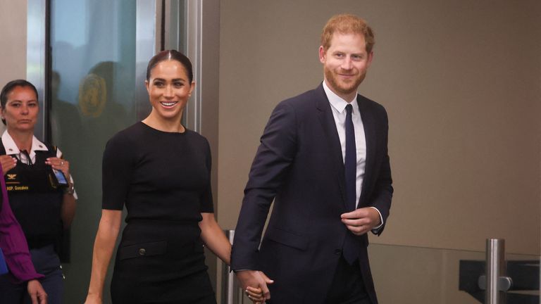 Britain&#39;s Prince Harry and his wife Meghan, Duchess of Sussex arrive to celebrate Nelson Mandela International Day at the United Nations Headquarters in New York, U.S., July 18, 2022. REUTERS/Shannon Stapleton
