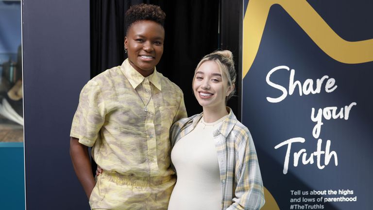 EDITORIAL USE ONLY Olympic boxer Nicola Adams (left)and her girlfriend Ella Baig, who recently announced that they are expecting their first child, visit the Tommee Tippee Truth Booth at Westfield London. Picture date: Thursday May 5, 2022.

