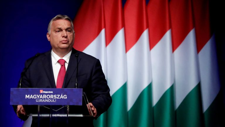 Hungarian Prime Minister Viktor Orban addresses a business conference in Budapest, Hungary, June 9, 2021. REUTERS/Bernadett Szabo