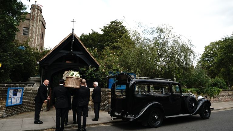 Pallbearers carry the coffin of Dame Deborah James as it arrives for her funeral service at St Mary&#39;s Church in Barnes, west London. Picture date: Wednesday July 20, 2022.
