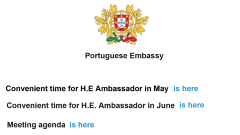 Some of the phishing lure emails posed as being from the Portuguese Embassy. Pic: Palo Alto