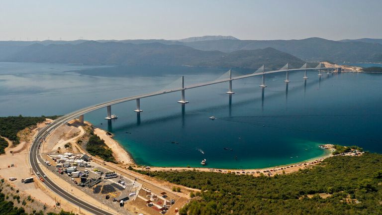 An aerial view of the newly built Peljesac Bridge in Komarna, southern Croatia. Pic: AP 