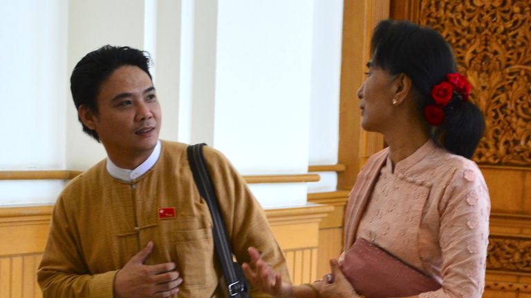 Lawmaker Phyo Zeya Thaw, left, talks with Myanmar&#39; Leader Aung San Suu Kyi, right, of Myanmar&#39;s National League for Democracy, as they leave after the Myanmar parliament in Naypyitaw, Myanmar, on April 9, 2015.  A Myanmar military spokesperson announced on June 3, 2022, that Phyo Zeya Thaw, a former lawmaker from ousted leader Aung San Suu Kyi...s party, and Kyaw Min Yu, a veteran pro-democracy activist better known as Ko Jimmy, would be executed for violating the country...s counterterrorism law. (AP Photo)
