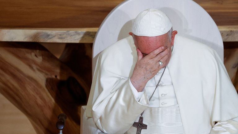 Pope Francis at a meeting with indigenous peoples and members of the Parish Community of Sacred Heart in Edmonton, Alberta, Canada