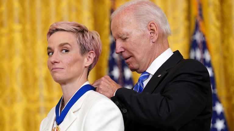 Joe Biden awards US women's soccer player Meghan Rapinoe with the Presidential Medal of Freedom