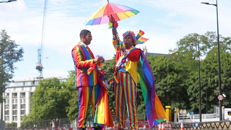 Md Nabir Uddim (left) and Mohammed Nazir (right) from London ahead of the Pride in London parade. This year is a significant year for the Pride movement and the LGBT+ community which will commemorate 50 years since the first Pride took place in the United Kingdom. Picture date: Saturday July 2, 2022.
