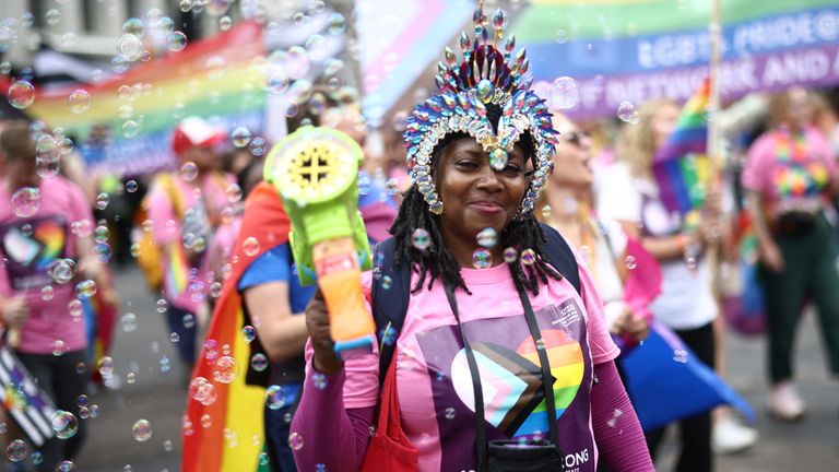 A person takes part in the 2022 Pride Parade in London, Britain July 2, 2022. REUTERS/Henry Nicholls
