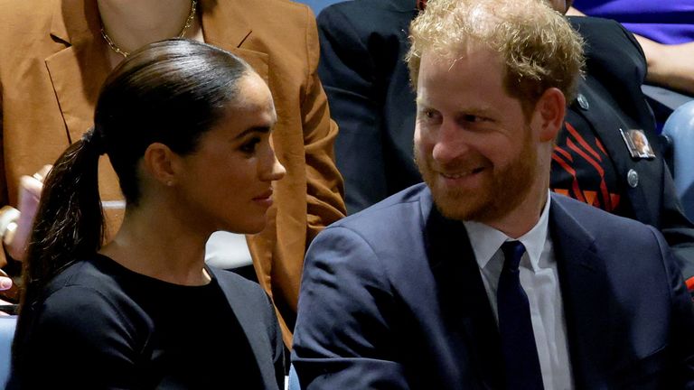 Britain&#39;s Prince Harry and his wife Meghan, Duchess of Sussex, attend the United Nations General Assembly celebration of Nelson Mandela International Day at the United Nations Headquarters in New York, U.S., July 18, 2022. REUTERS/Eduardo Munoz
