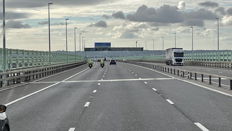 A near-empty Prince of Wales Bridge, which runs between England and Wales, as seen from the cab of a vehicle taking part in a go-slow protest on the M4. Police have warned of "serious disruption throughout the day" as protesters target motorways in a demonstration over high fuel prices. The protests are understood to be organised via social media under the banner Fuel Price Stand Against Tax. Picture date: Monday July 4, 2022.
