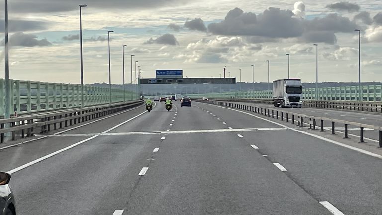 A near-empty Prince of Wales Bridge, which runs between England and Wales, as seen from the cab of a vehicle taking part in a go-slow protest on the M4. Police have warned of "serious disruption throughout the day" as protesters target motorways in a demonstration over high fuel prices. The protests are understood to be organised via social media under the banner Fuel Price Stand Against Tax. Picture date: Monday July 4, 2022.
