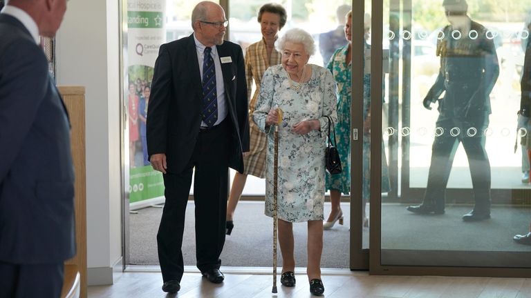 Queen Elizabeth II with Jonathan Jones, Chair of Trustees, during a visit to officially open the new building at Thames Hospice, Maidenhead, Berkshire. Picture date: Friday July 15, 2022.
