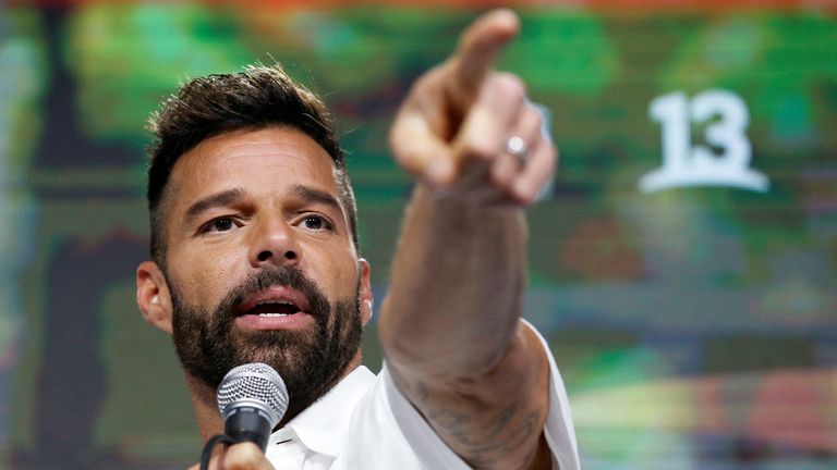 Puerto Rican singer Ricky Martin gestures as he speaks at a news conference during the 61th International Song Festival in Vina del Mar, Chile, February 23, 2020. REUTERS/Rodrigo Garrido

