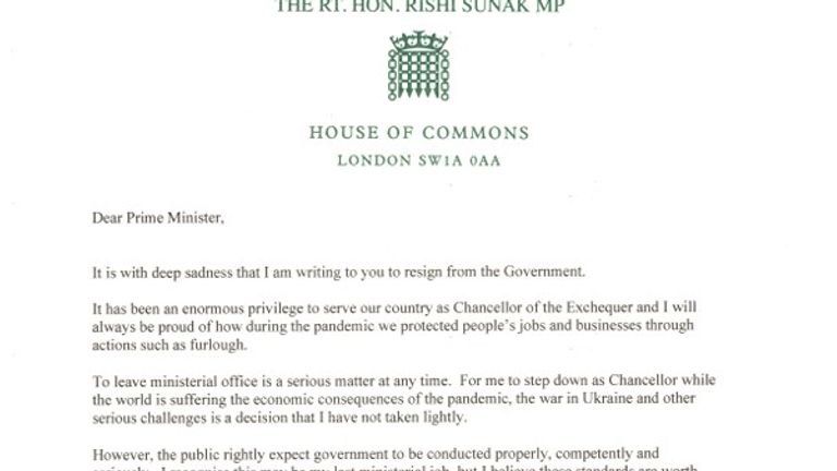 rishi Sunak&#39;s resignation letter to Boris Johnson