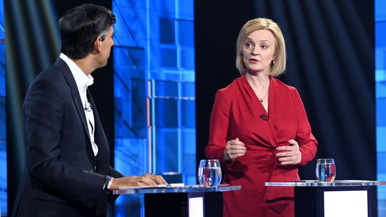 Rishi Sunak, left, and Liz Truss, engaged in lively exchanges throughout the debate. Pic: Jonathan Hordle/ITV Handout